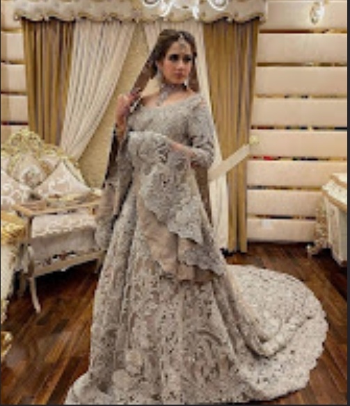 Embellished grey bridal gown with train